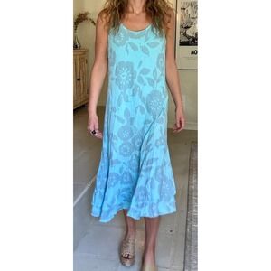 Fresh Produce Turquoise Floral Tiered Ruffle Hem Midi Tank Dress L Made in USA